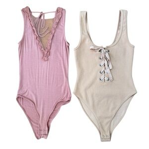 Bundle of Ambiance & Forever 21 Sleeveless Bodysuit Tops Beige Pink‎ Small